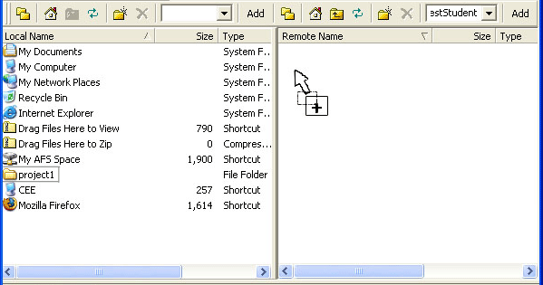 Dragging the project1 folder from the PC to afs